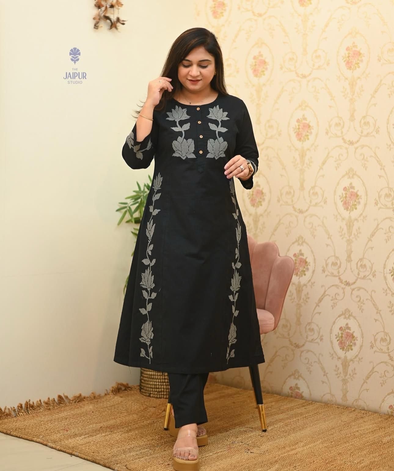 Black Cotton Flex Embroidered Co-ord Set